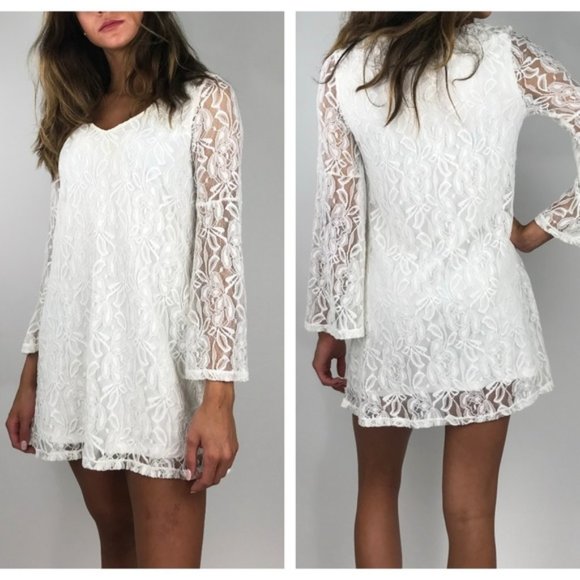 Socialite White Bell Sleeve V-Neck Lace Dress - Picture 1 of 11